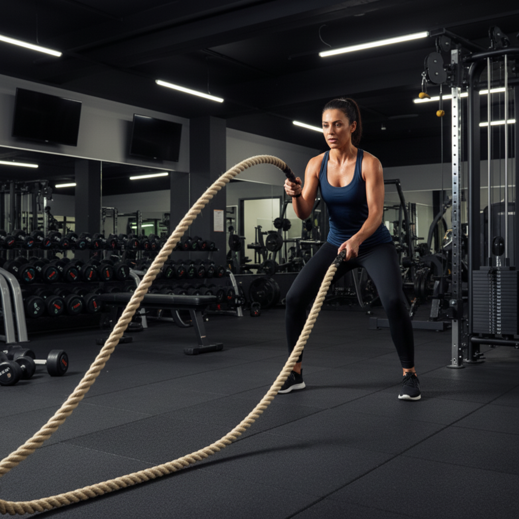 Woman exercising with battle ropes in a gym setting from ropethe.com
